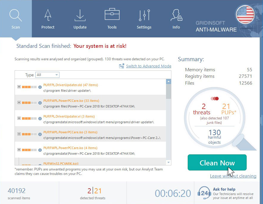 Resultado de análisis de GridinSoft Anti-Malware