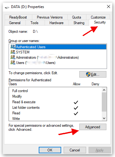 default user permissions settings on the security tab Windows 8