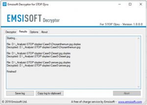 Emsisoft Decryptor - as estatísticas de descriptografia