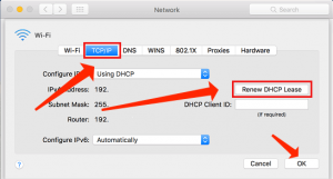 Registerkarte Mac TCP / IP DHCP-Lease erneuern