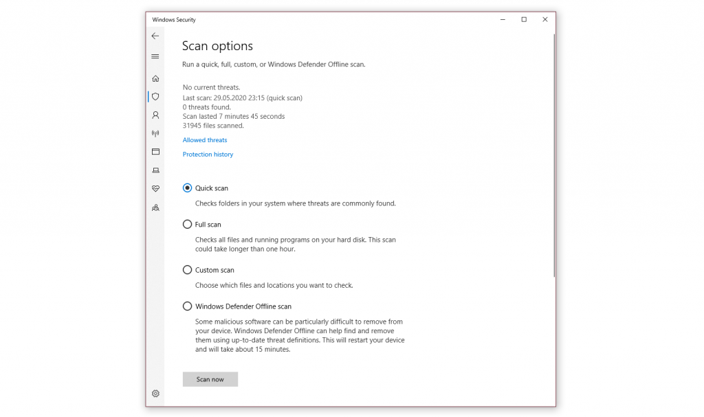 Options de numérisation de la sécurité Windows