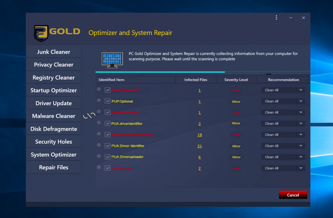 PC Gold Optimizer and System Repair Scanning
