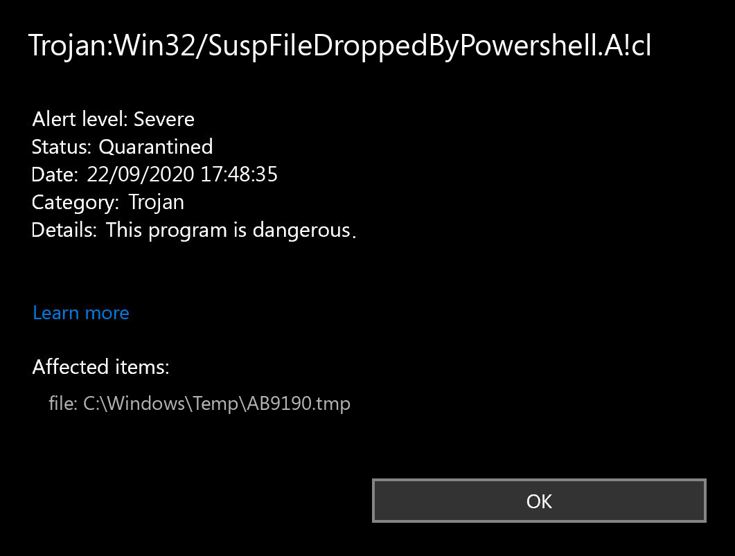 Trojan:Win32/SuspFileDroppedByPowershell.A!cl found