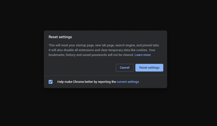 Google Chrome - Restore settings modal