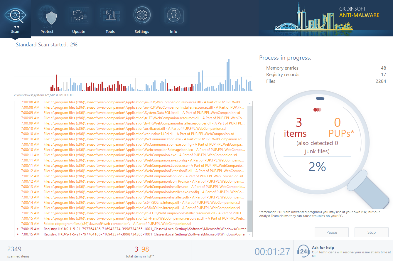 Gridinsoft Anti-Malware during the scan process