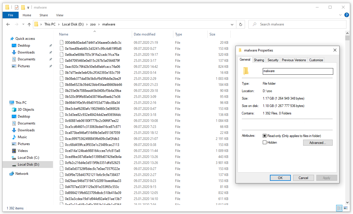 Folder with 1392 viruses inside