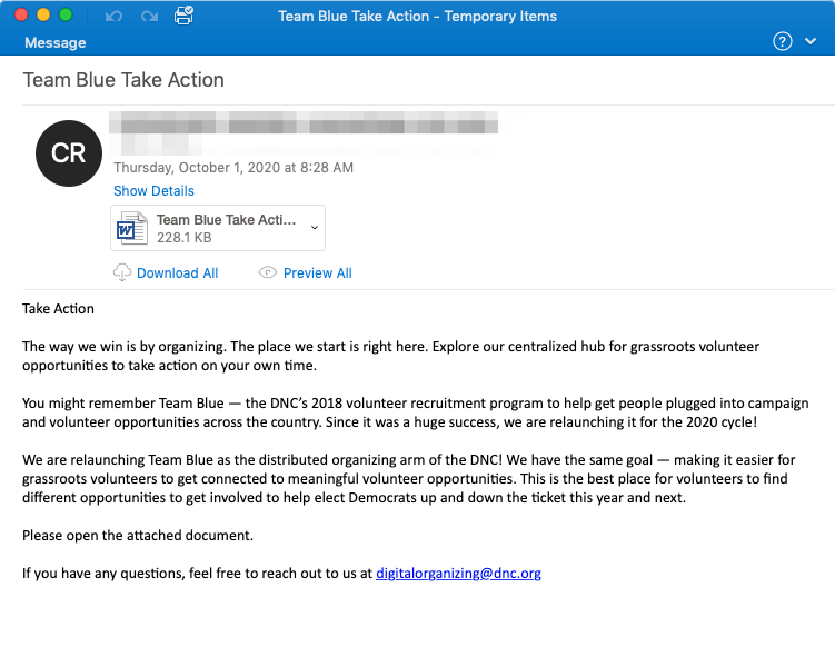 The example of email spam with malware