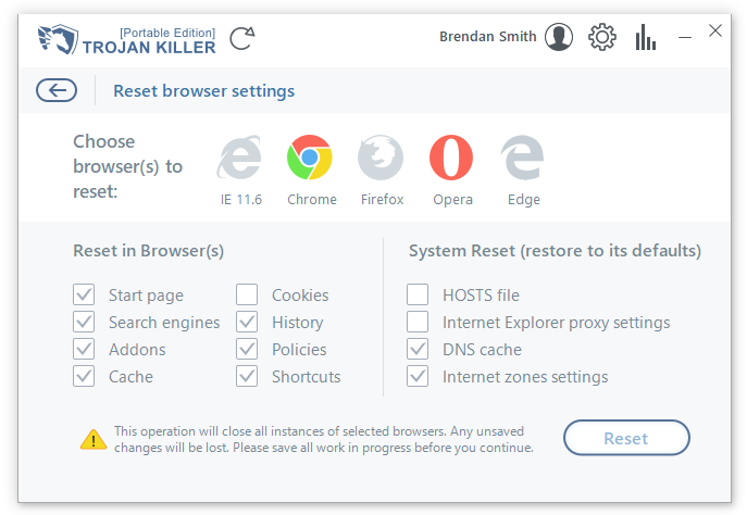 Reset browser settings window in Trojan Killer