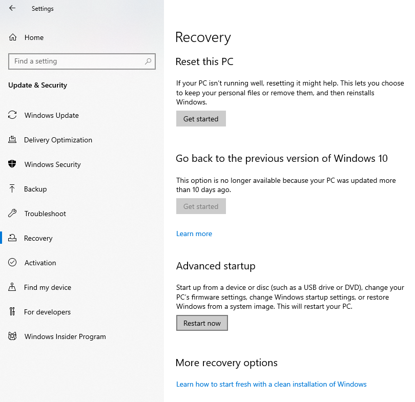 Recovery tab in Windows Settings