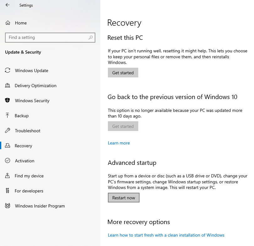 Recovery-Tab in den Windows-Einstellungen