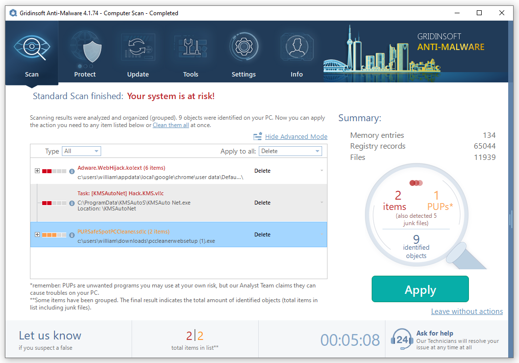 Résultats de l'analyse GridinSoft Anti-Malware