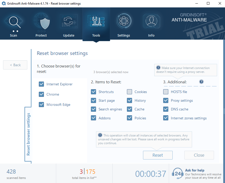 GridinSoft Anti-Malware - Restablecer navegadores