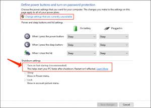 Disable Fast Startup Windows 10 - Change settings that are currently unavailable