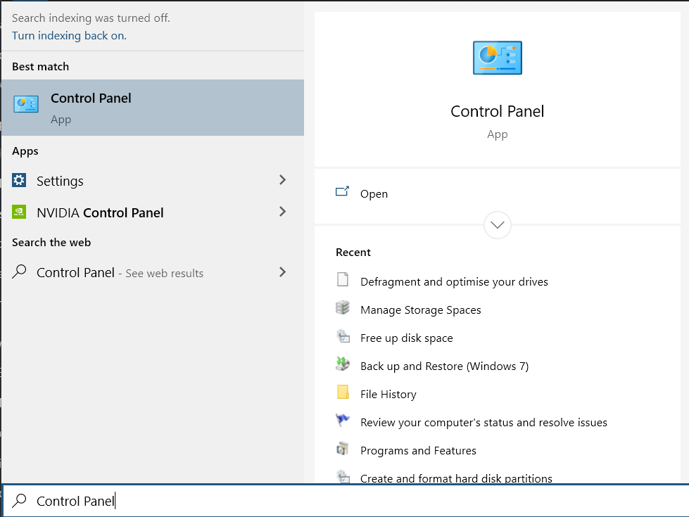 Search for Control Panel