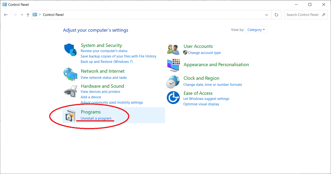 Uninstall a program button in Control Panel