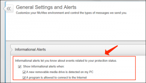McAfee disable Notifications - General Settings and Alerts