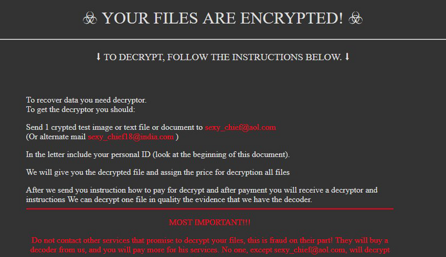 Ransomware note with scary warnings