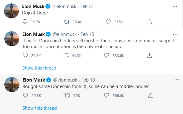 Musk's mentions of Dogecoin