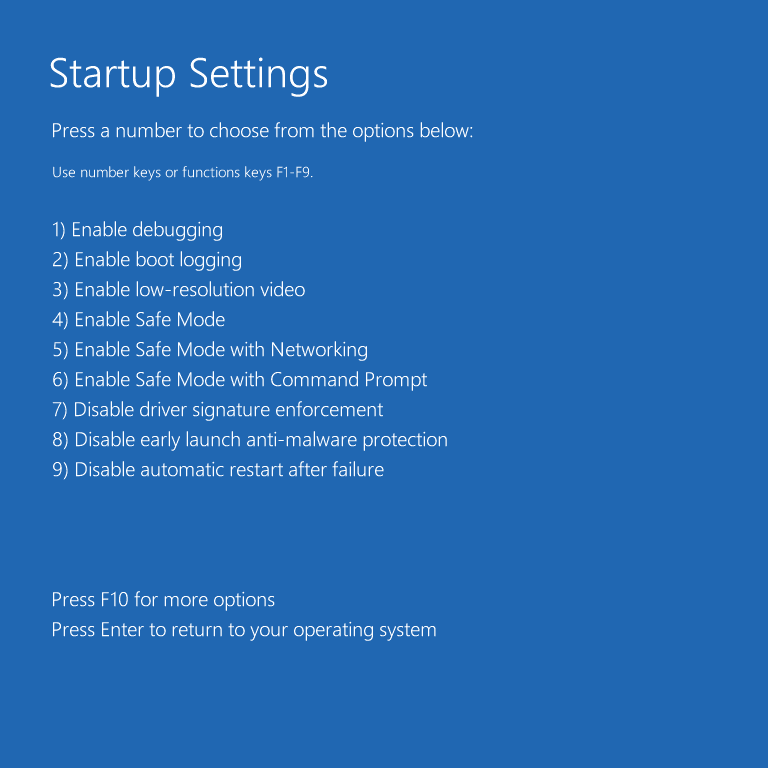 Startup settings in troubleshooting mode