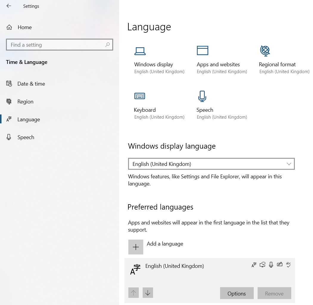 Language options settings pad