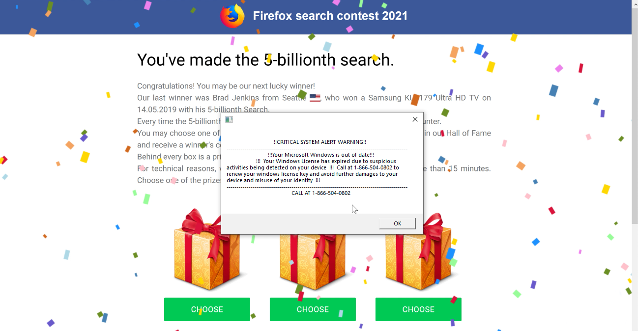 Browser windows with fake giveaways