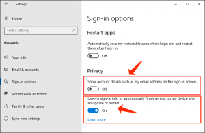 windows - settings sign in options privacy