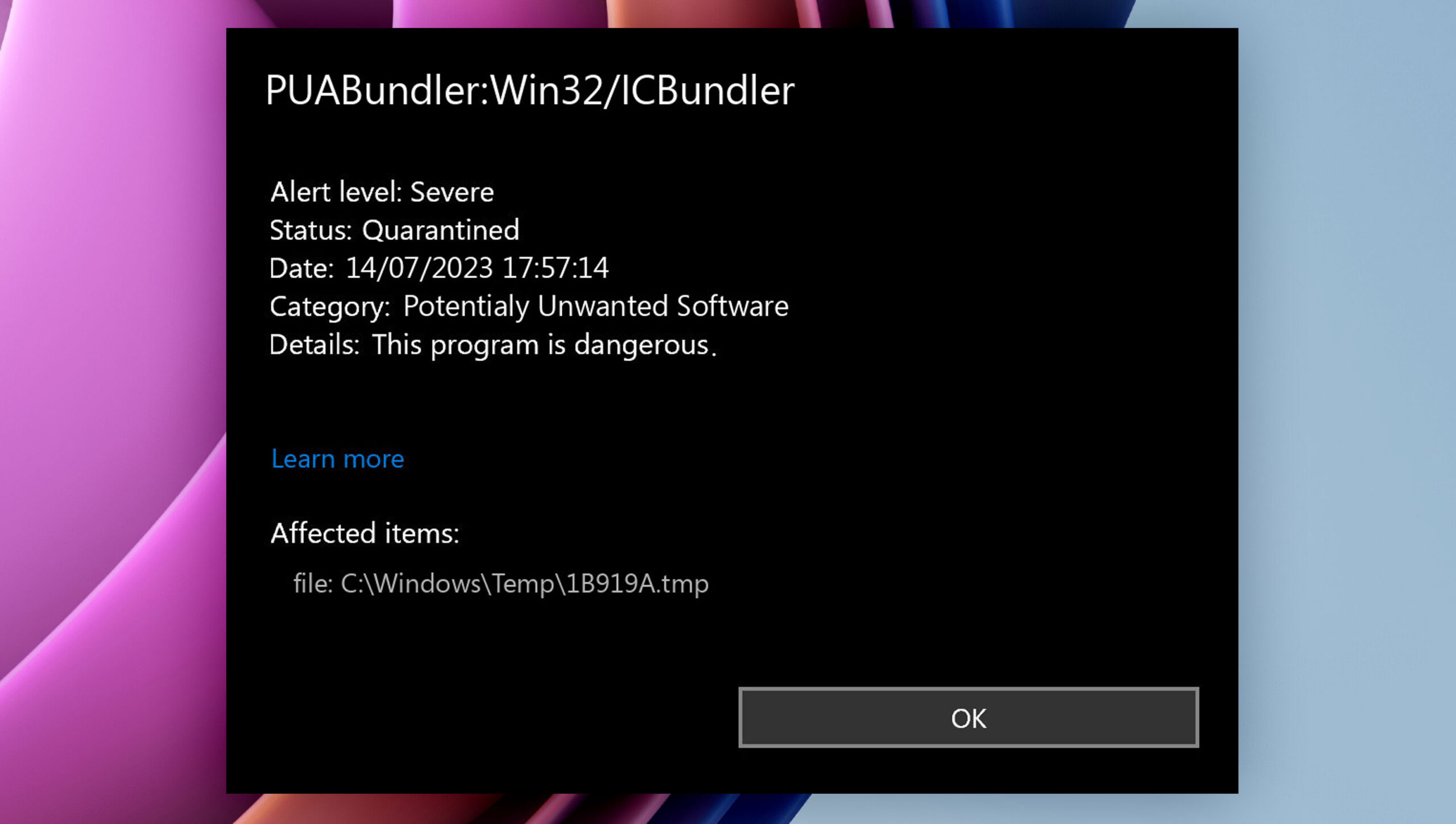 Microsoft Defender detects and flags PUABundler:Win32/ICBundler