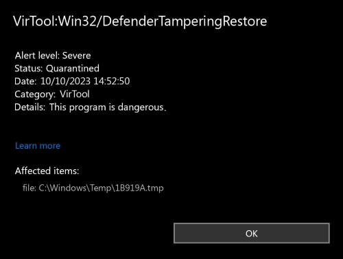 VirTool:Win32/DefenderTamperingRestore detection