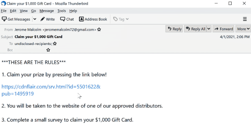 $1000 Gift Card scam message