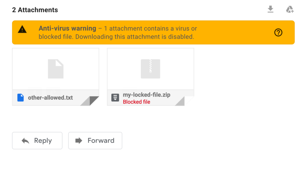 アンチウイルス警告。 Gmailで非アクティブ化された添付ファイルをダウンロードする方法