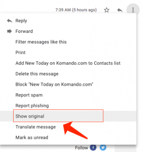 mostrar original - menú de gmail 