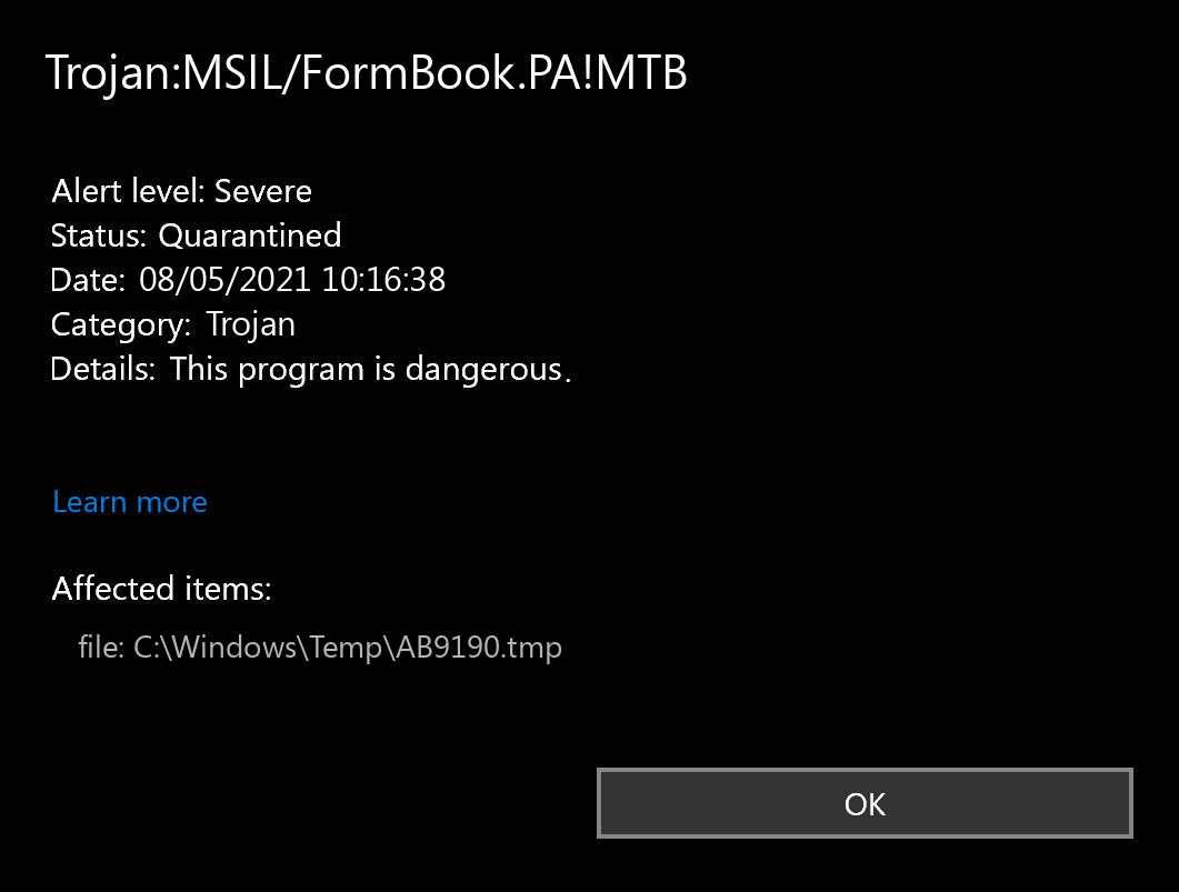 Trojan:MSIL/FormBook.PA!MTB found