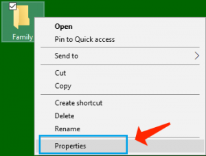 opción de propiedades de carpeta de archivos de Windows 10
