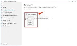 windows defender security center - exclusions