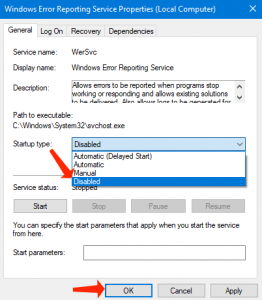 windows error reporting service - disables