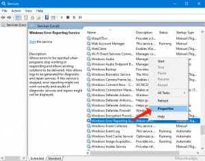 propiedades del servicio de informes de errores de Windows 10
