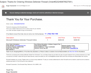 購買 Windows Defender - 偽造的 Defender 發票
