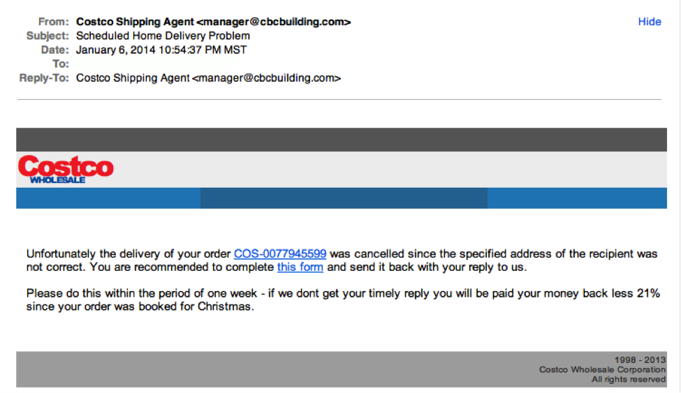 The example of a typical fraudulent email