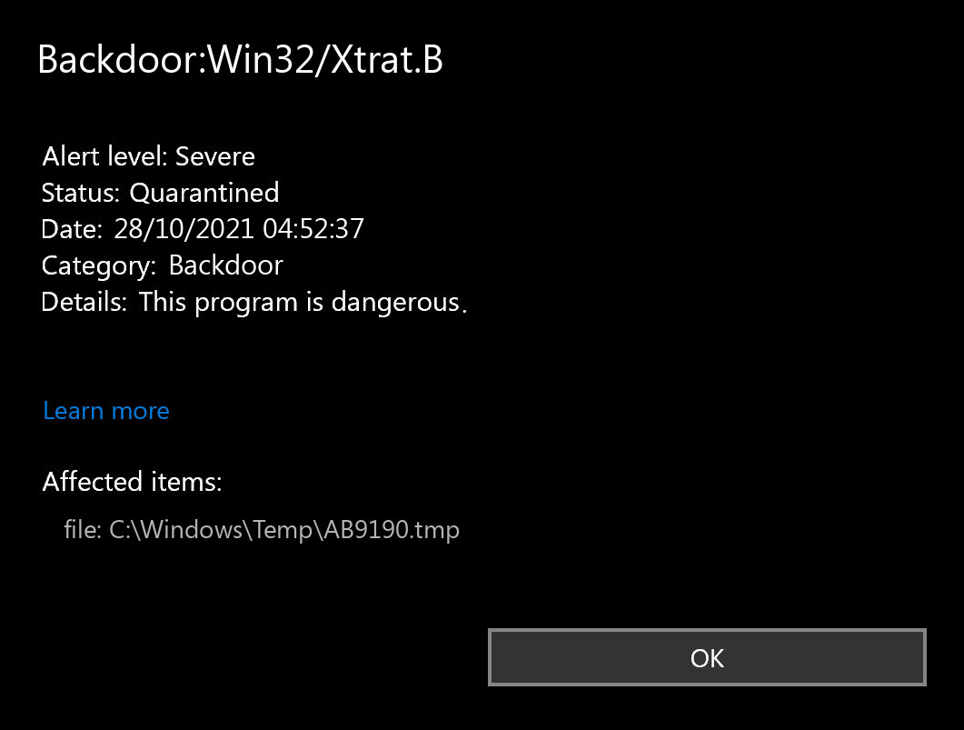 Backdoor:Win32/Xtrat.B found