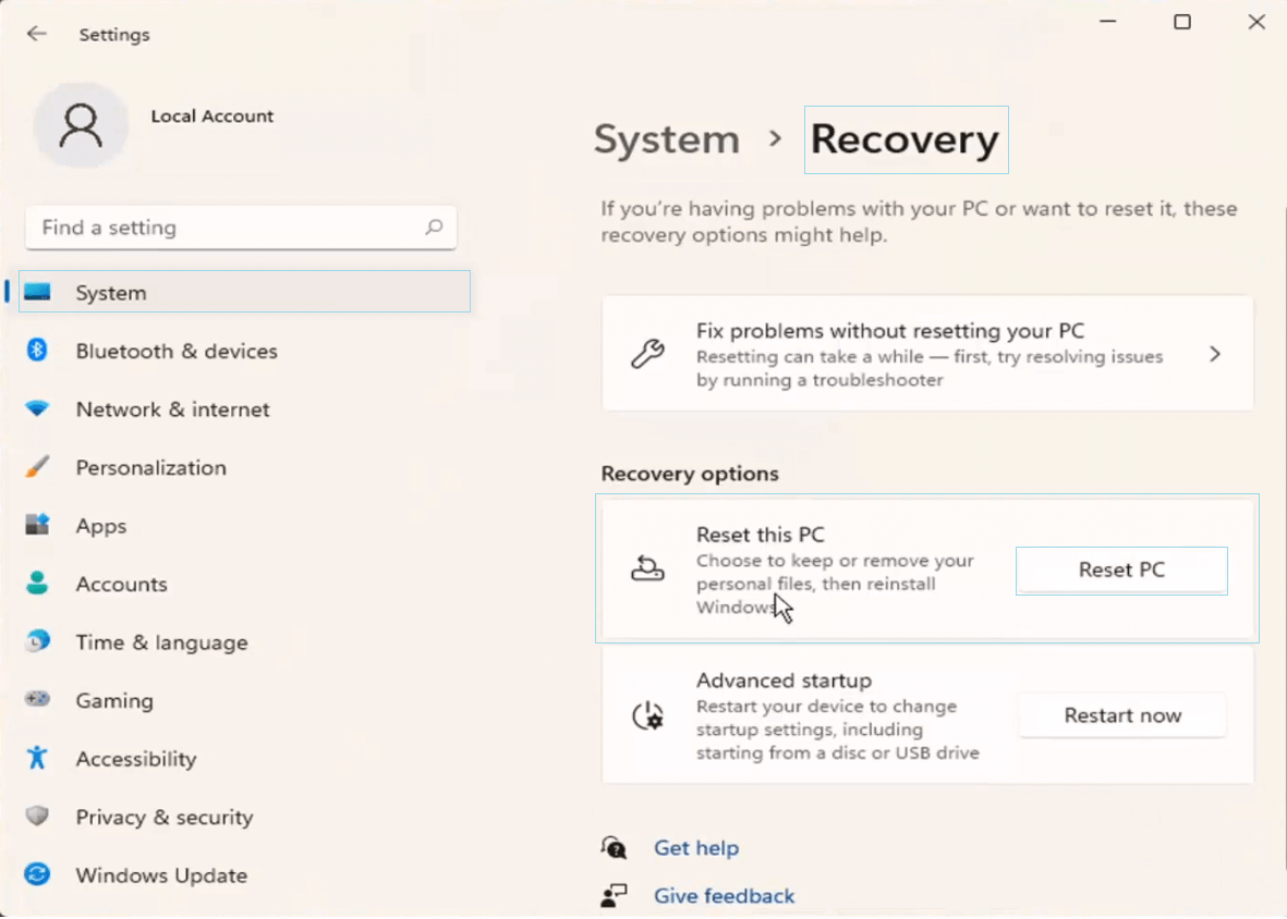 Press "Reset this PC" in System Recovery Settings