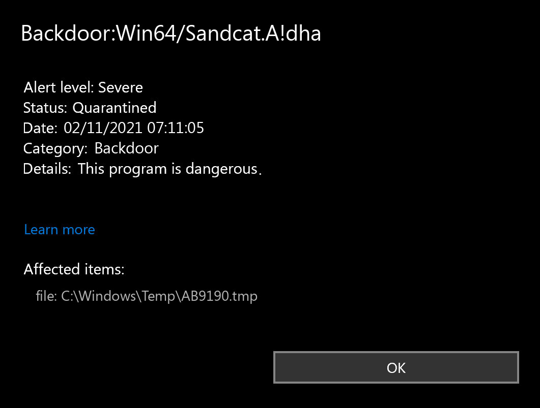 Backdoor:Win64/Sandcat.A!dha found