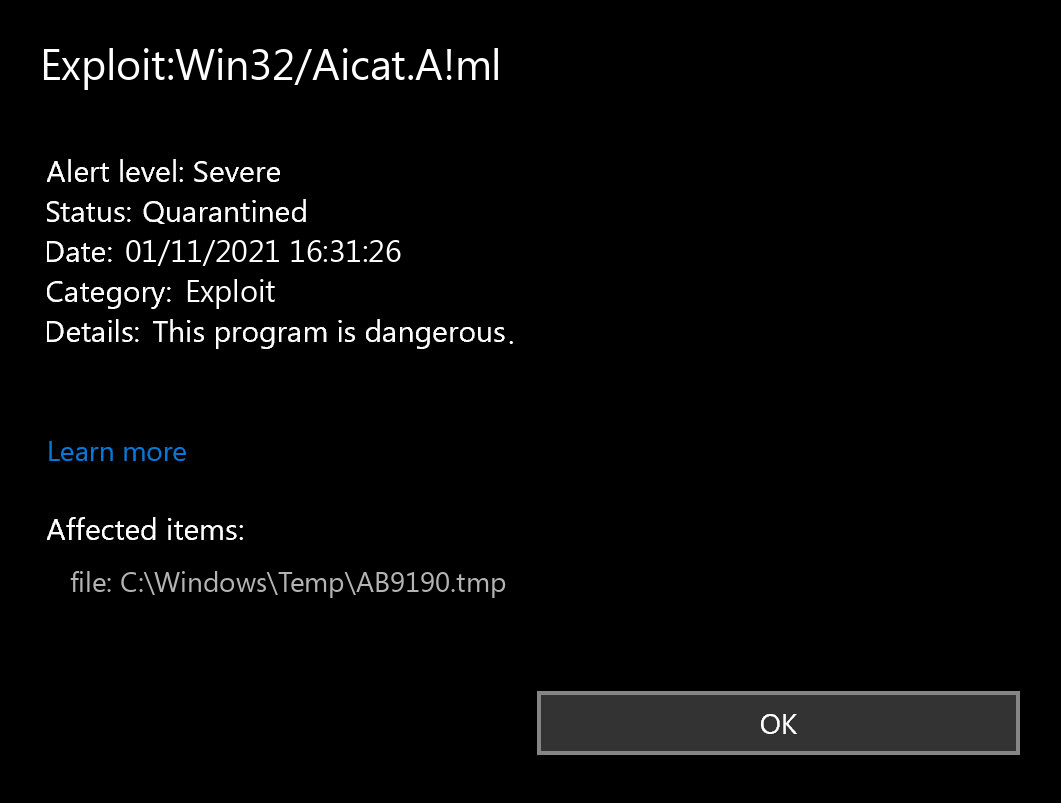 Exploit:Win32/Aicat.A!ml found