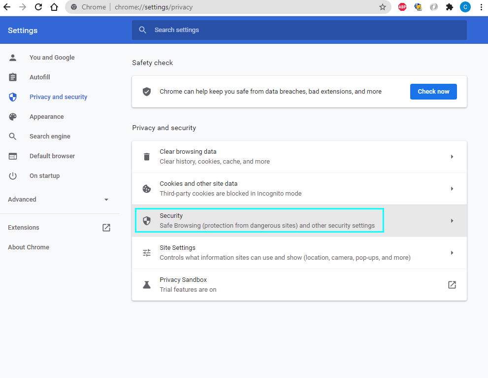 Chrome Settings Privacy and Security Section