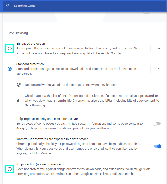 Chrome Security Settings. Safe Browsing