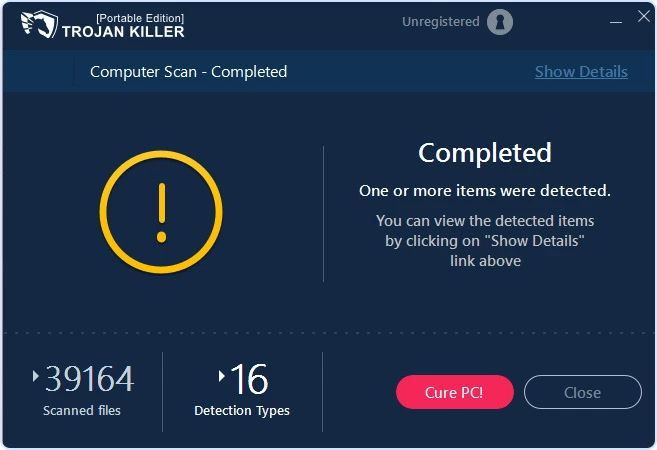 Trojan Killer scan results screen with Cure PC button