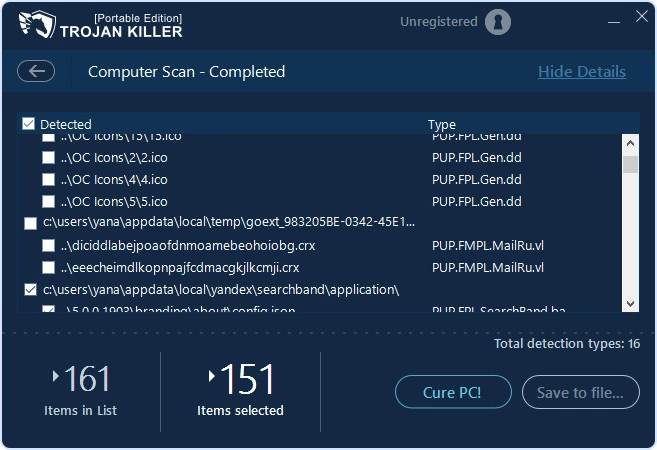 Trojan Killer scan details with detected items list