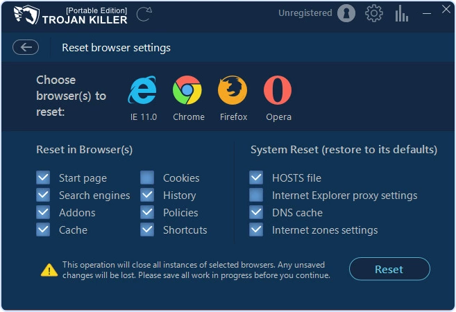 Trojan Killer Reset Browser Settings tool