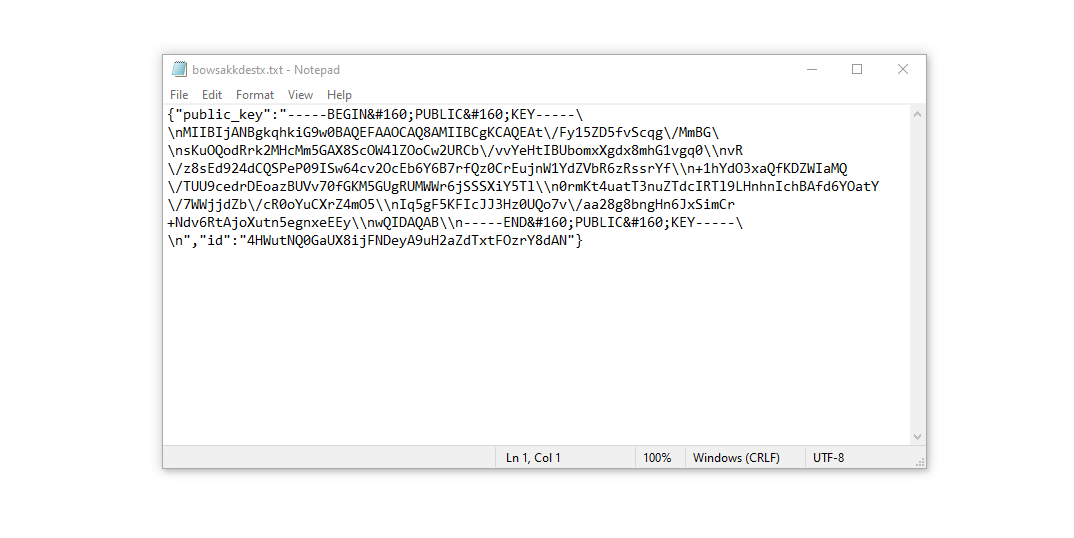 Kitu ransomware virus saves public encryption key and victim's id in bowsakkdestx.txt file