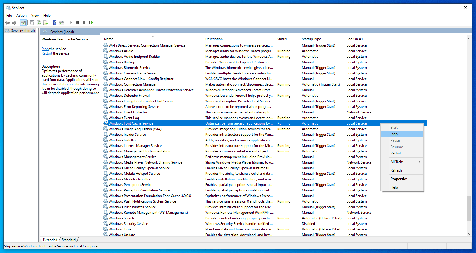 Stopping Windows Font Cache Service