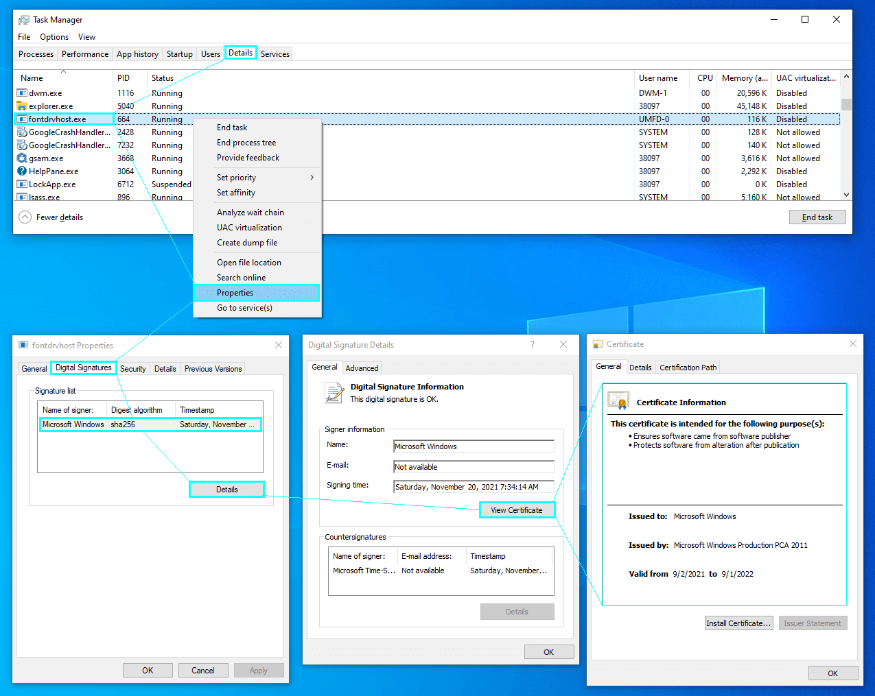 Usermode font driver host certificate check